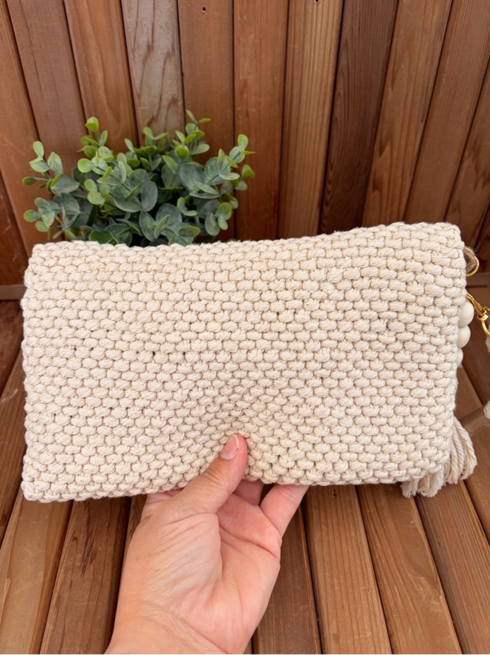 Boho Macrame Clutch Cream Tassel Fringe Woven Crossbody Handmade Style - Picture 6 of 10